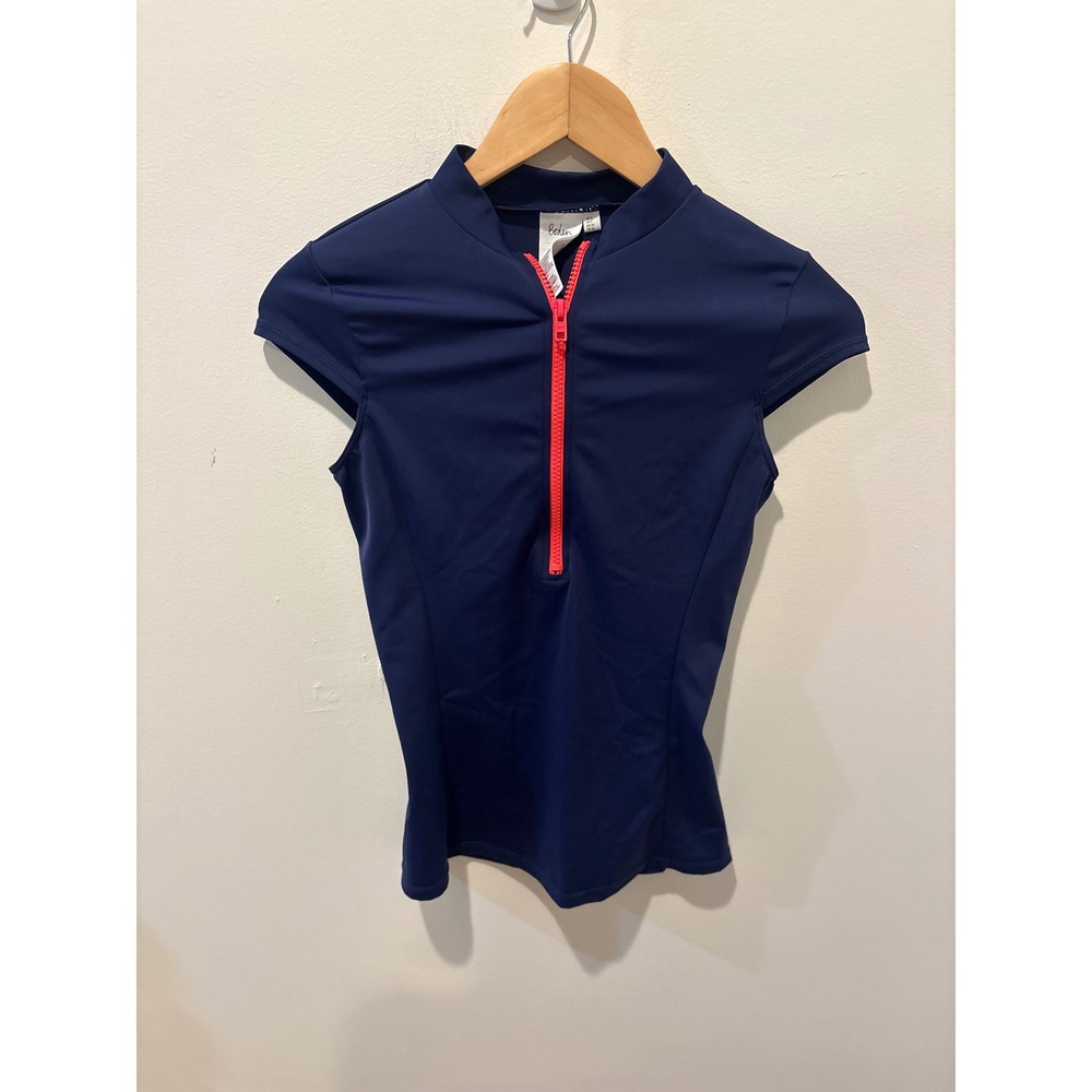 Boden Womens Navy Blue Neon Pink Quarter Zip Cap Sleeve Rash Guard Top Size 2
